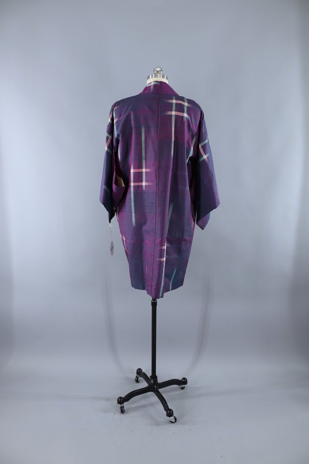 Vintage Silk Kimono Cardigan Jacket / Purple & Aqua Ikat - ThisBlueBird