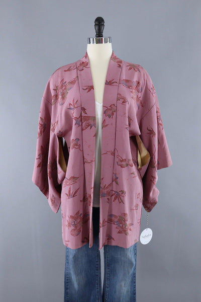 Vintage Silk Kimono Cardigan Jacket / Purple Batik Floral - ThisBlueBird