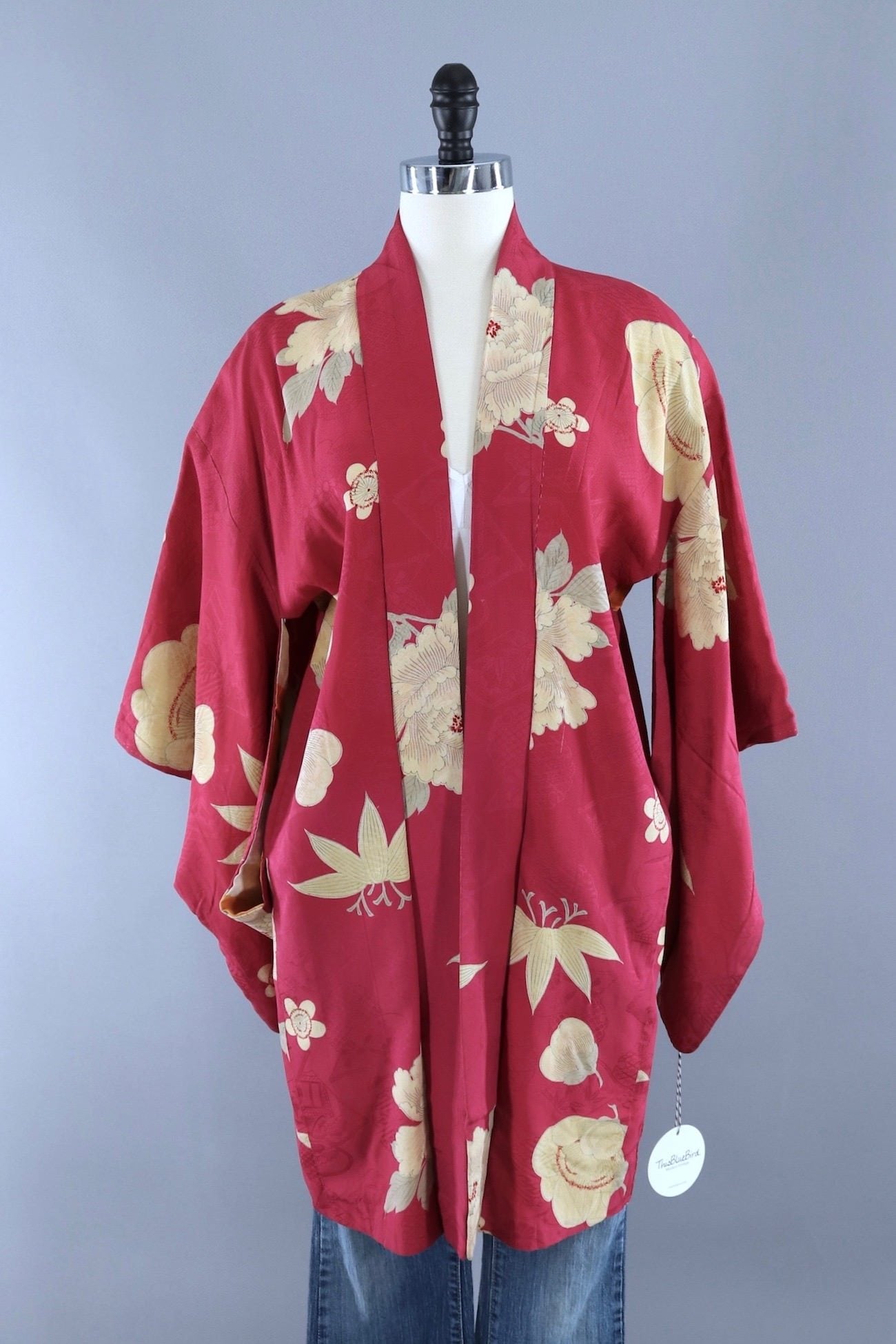 Vintage Silk Kimono Cardigan Jacket / Raspberry Red Floral - ThisBlueBird