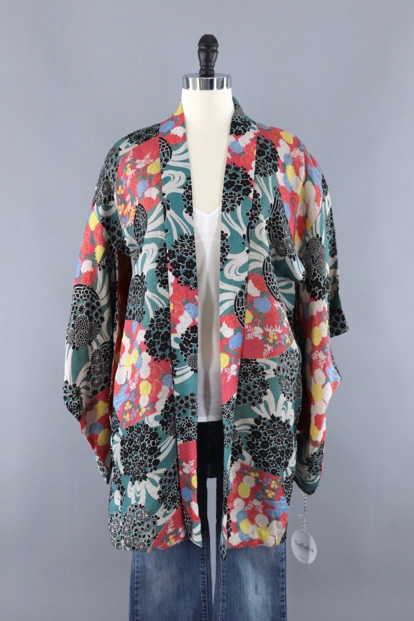 Vintage Silk KImono Cardigan Jacket / Turquoise Green and Red Floral - ThisBlueBird