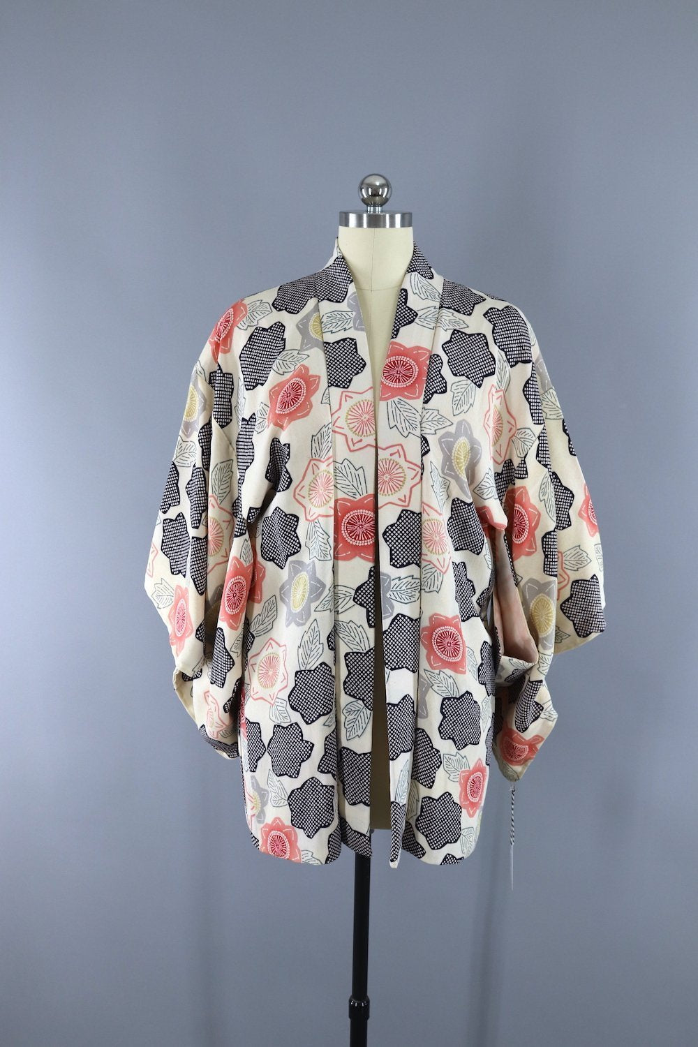 Vintage Silk Kimono Cardigan Jacket - White and Pink Floral Print - ThisBlueBird