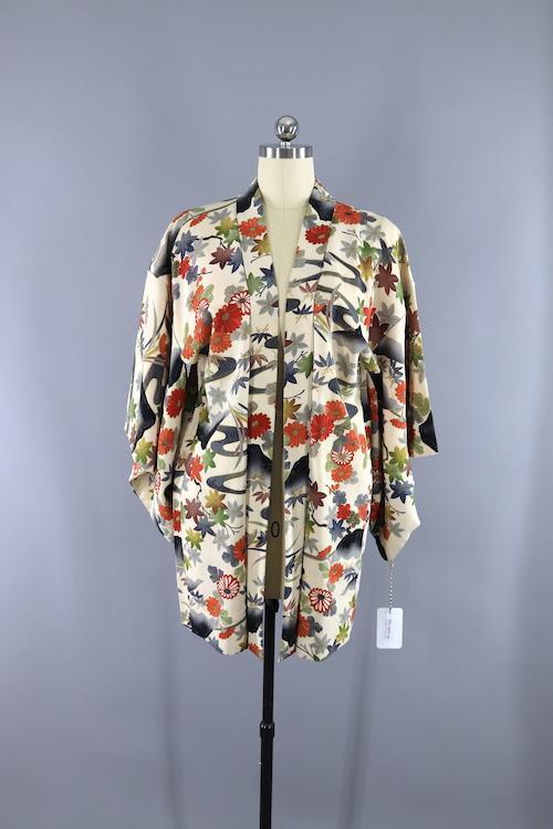 Vintage Silk Kimono Cardigan Jacket - White Leaves Floral Print ...