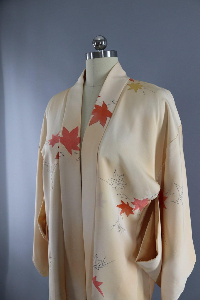 Vintage Silk Kimono Cardigan Jacket / Yellow Orange Maple Leaves - ThisBlueBird