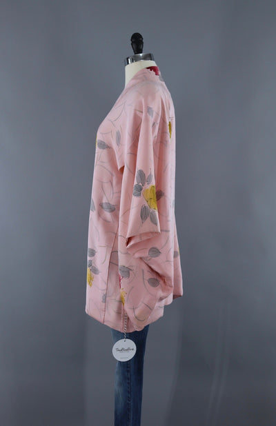 Vintage Silk Kimono Cardigan Jaket / Pastel Pink Rose Floral Print - ThisBlueBird