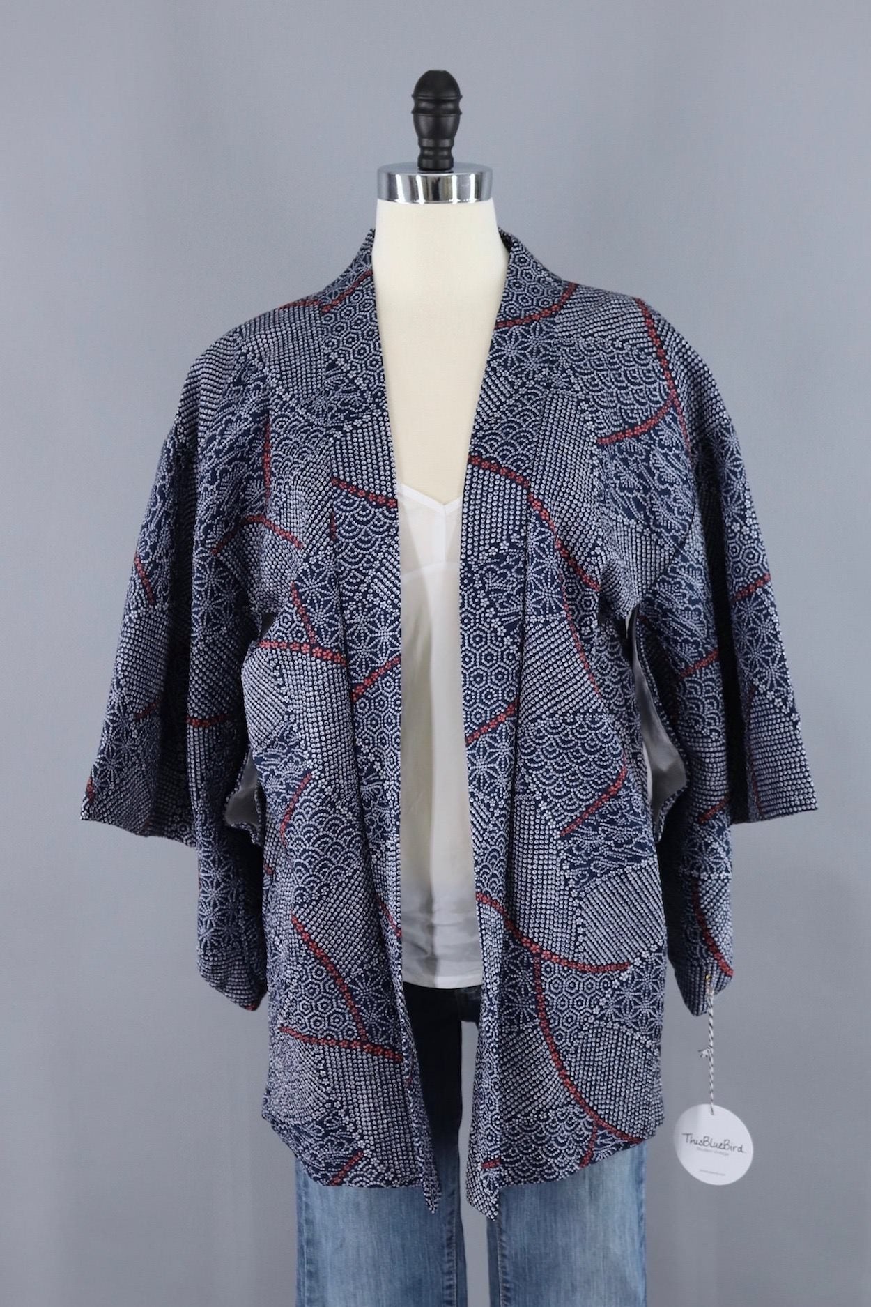 Vintage Silk Kimono Cardigan / Navy Blue and White Shibori - ThisBlueBird