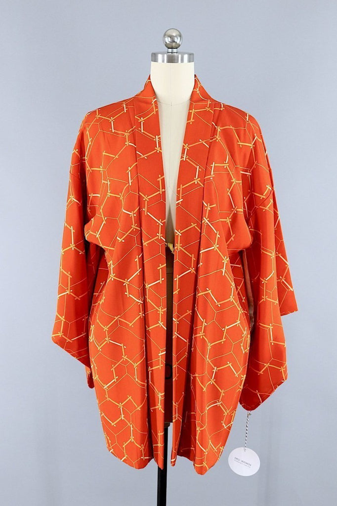 Vintage Silk Kimono Cardigan / Orange Lattice Print - ThisBlueBird