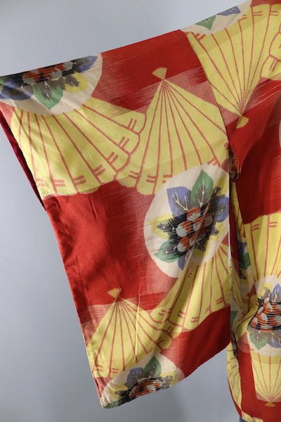 Vintage Silk Kimono Cardigan / Orange Red Kasuri Floral - ThisBlueBird