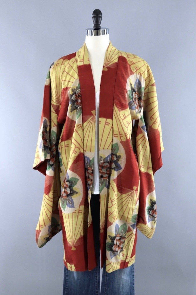 Vintage Silk Kimono Cardigan / Orange Red Kasuri Floral - ThisBlueBird