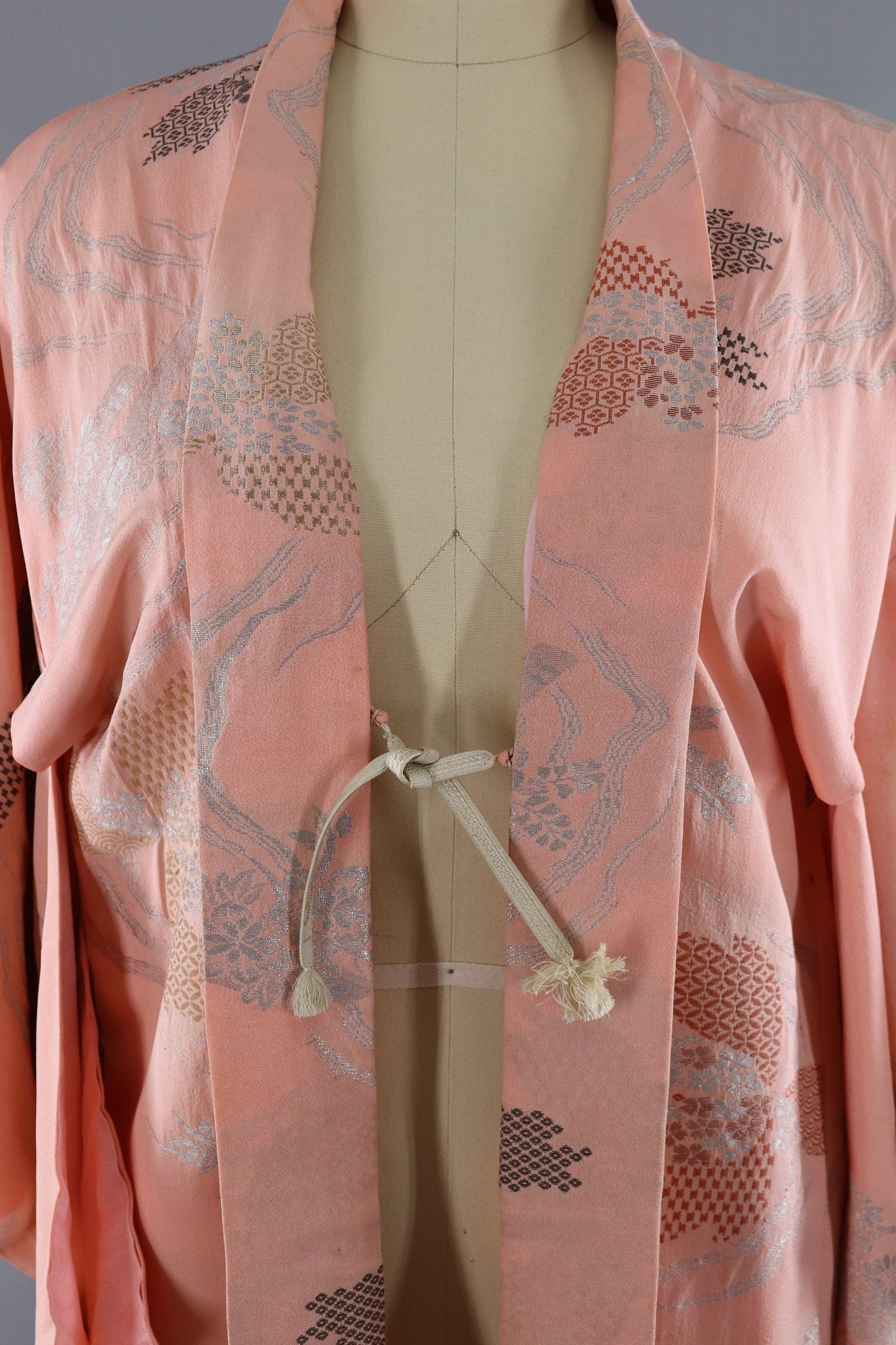 Vintage Silk Kimono Cardigan / Pastel Pink Silver Floral Embroidery - ThisBlueBird