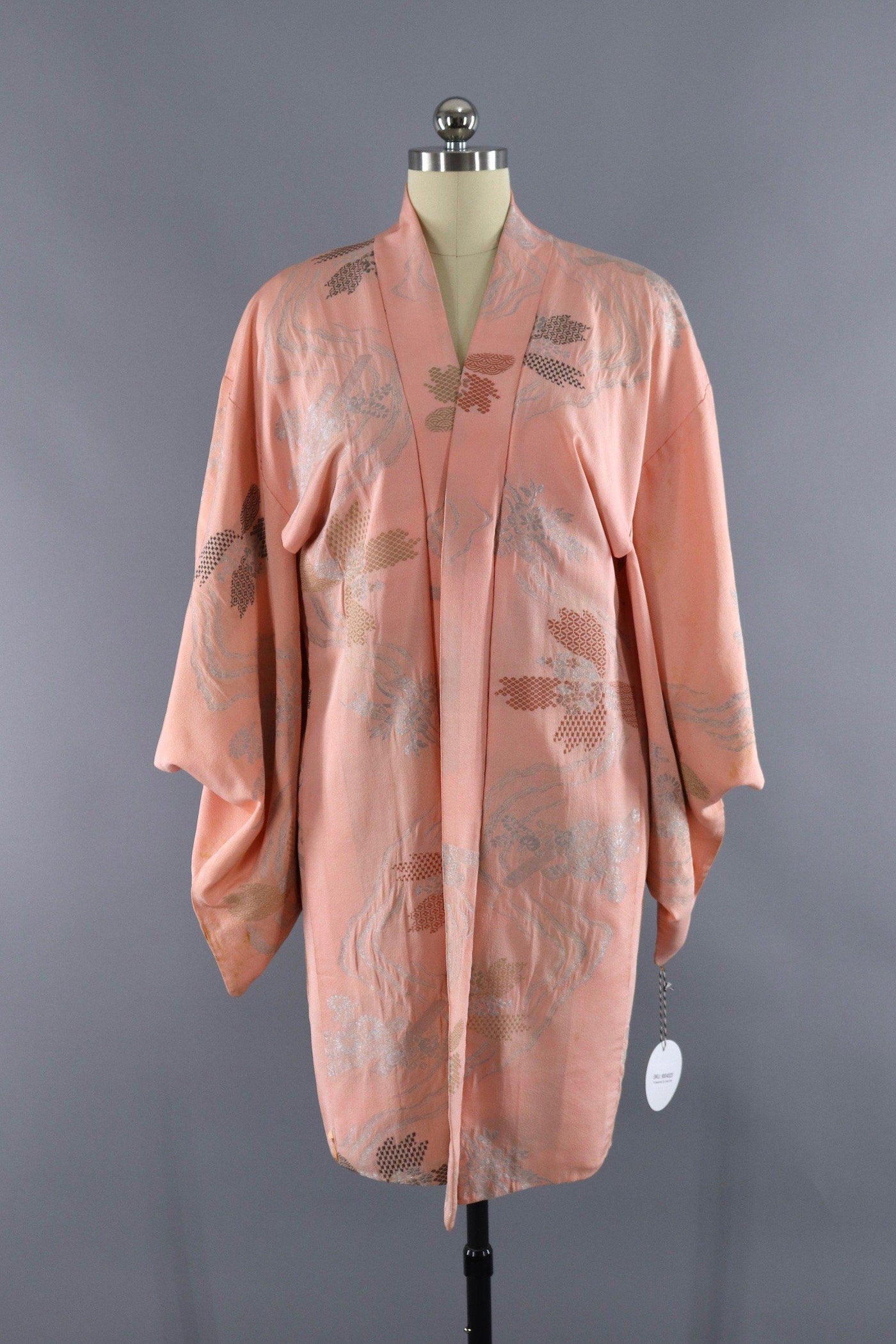 Vintage Silk Kimono Cardigan / Pastel Pink Silver Floral Embroidery - ThisBlueBird