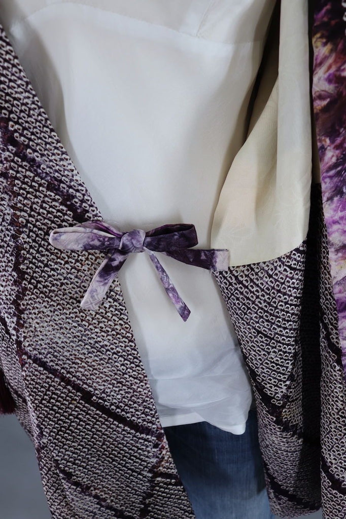 Vintage Silk Kimono Cardigan / Purple and White Shibori - ThisBlueBird
