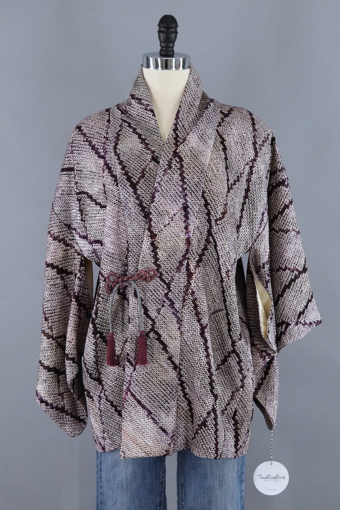 Vintage Silk Kimono Cardigan / Purple and White Shibori - ThisBlueBird