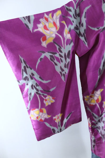 Vintage Silk Kimono Cardigan / Purple Ikat Tulips Floral - ThisBlueBird