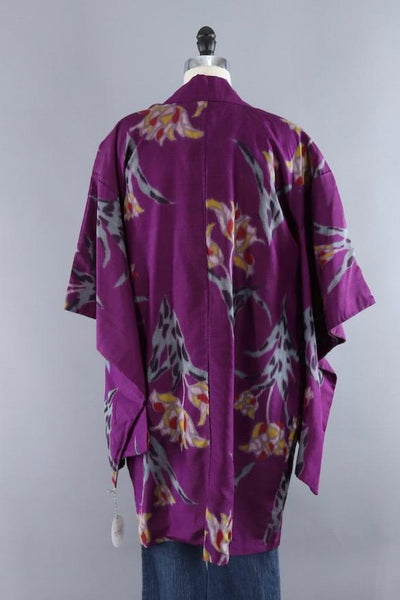 Vintage Silk Kimono Cardigan / Purple Ikat Tulips Floral - ThisBlueBird