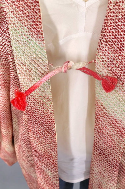 Vintage Silk Kimono Cardigan / Red and Ivory Shibori-ThisBlueBird