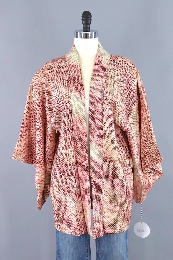 Vintage Silk Kimono Cardigan / Red and Ivory Shibori-ThisBlueBird