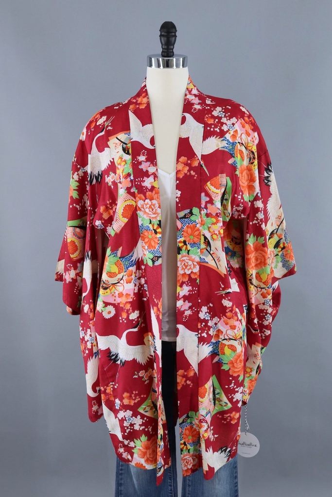 Vintage Silk Kimono Cardigan / Red and White Flying Cranes - ThisBlueBird