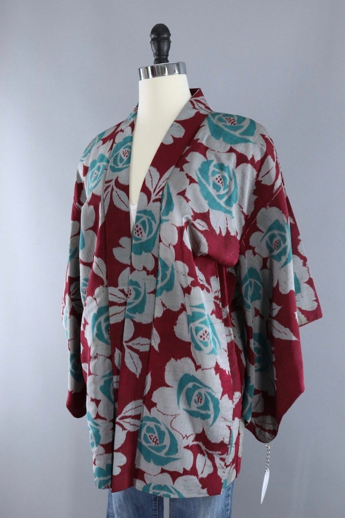 Vintage Silk Kimono Cardigan / Red & Green Meisen Floral - ThisBlueBird