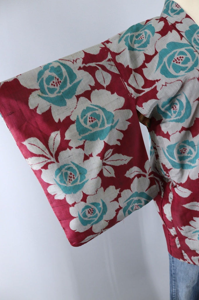 Vintage Silk Kimono Cardigan / Red & Green Meisen Floral - ThisBlueBird