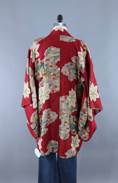 Vintage Silk Kimono Cardigan / Red Wagons Novelty Print - ThisBlueBird