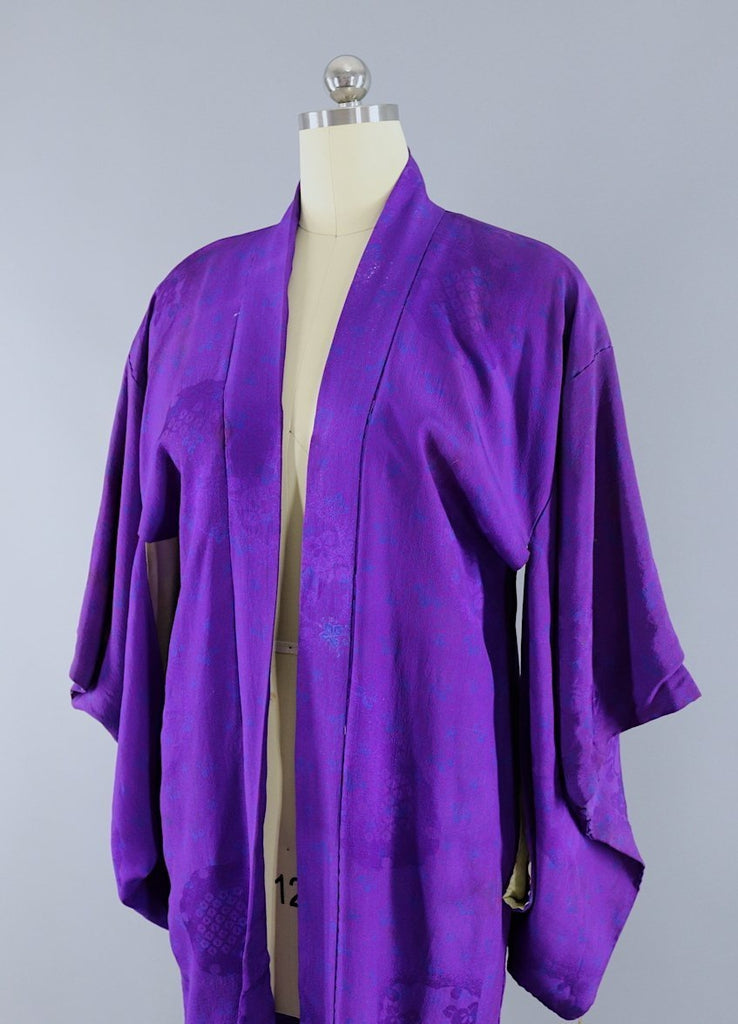 Vintage Silk Kimono Cardigan / Royal Purple Blue Floral - ThisBlueBird