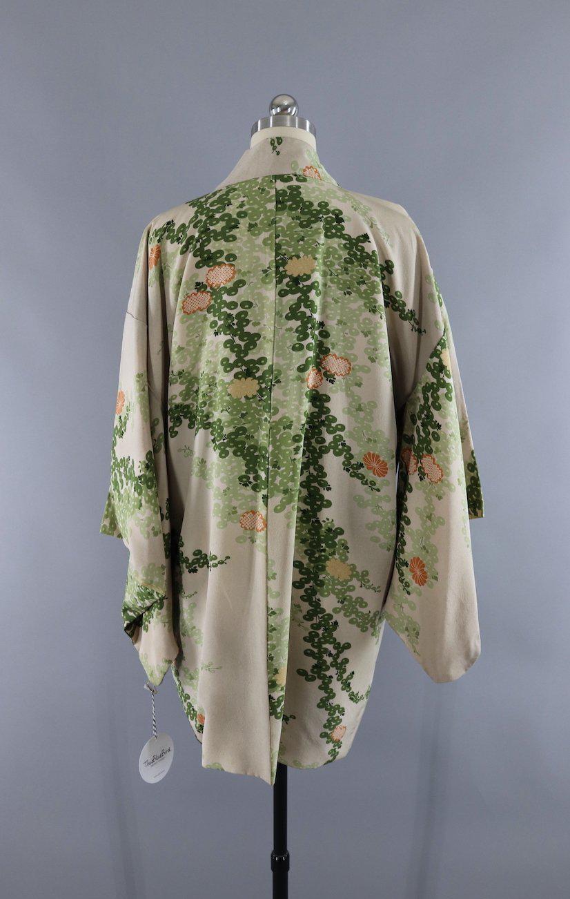 Vintage Silk Kimono Cardigan / Taupe Green Floral - ThisBlueBird