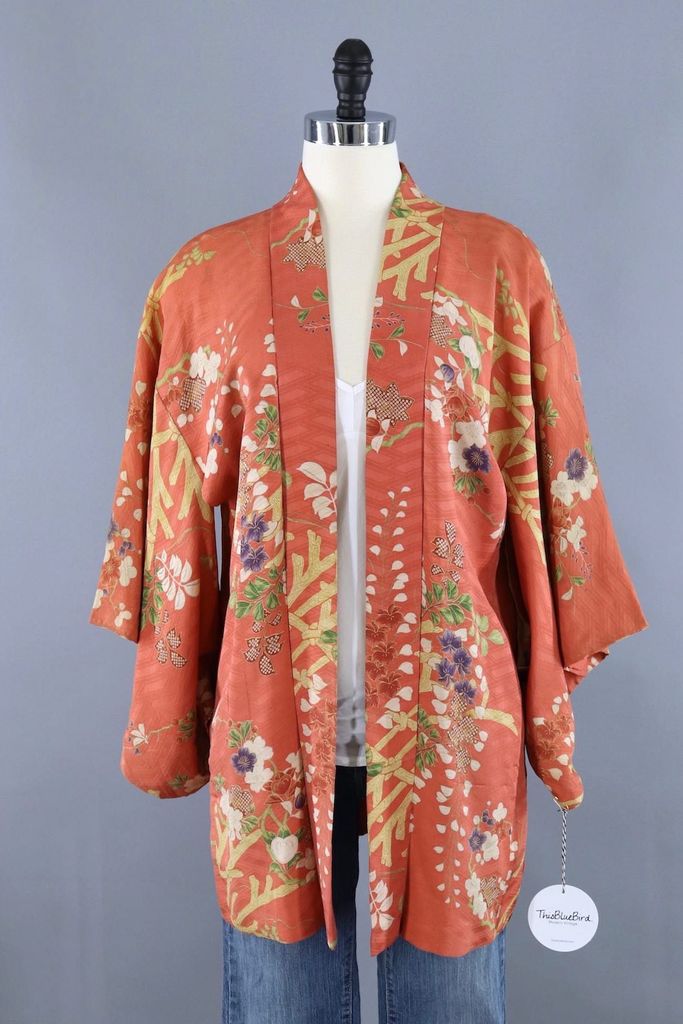 Vintage Silk Kimono Cardigan / Terra Cotta Floral - ThisBlueBird