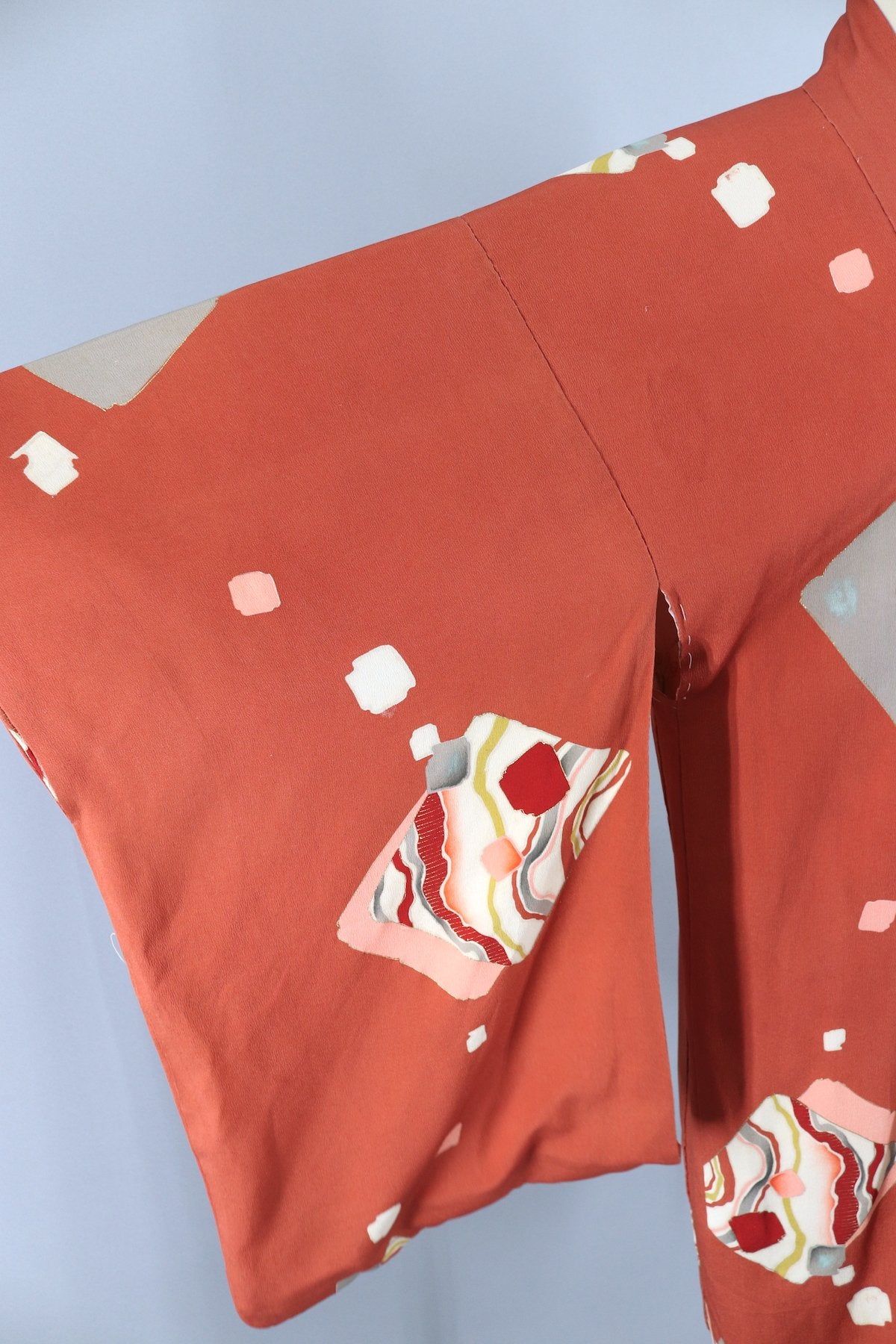 Vintage Silk KImono Cardigan / Terra Cotta Orange Art Deco Print - ThisBlueBird
