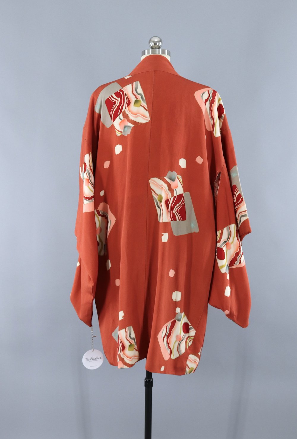 Vintage Silk KImono Cardigan / Terra Cotta Orange Art Deco Print - ThisBlueBird