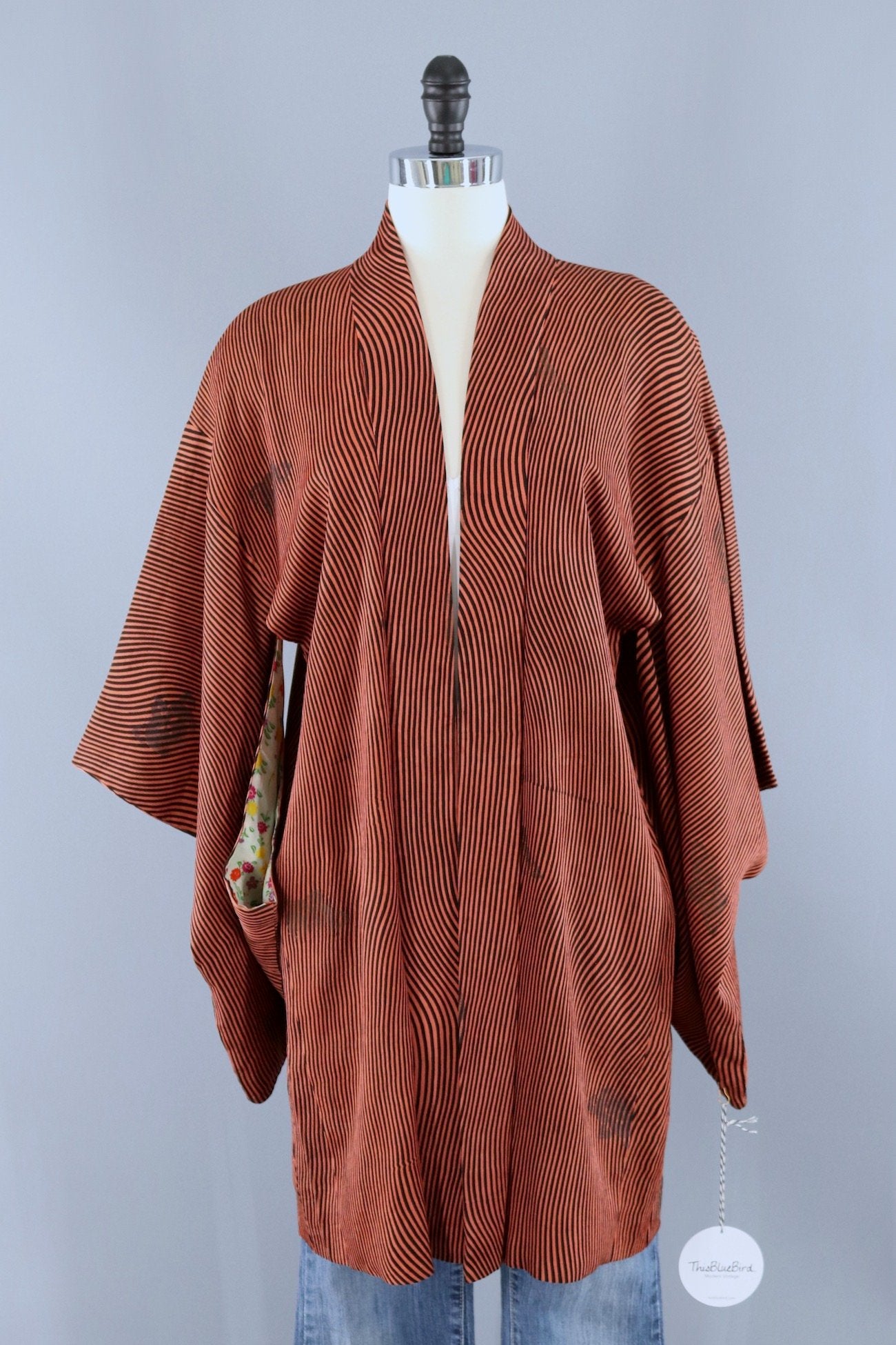 Vintage Silk Kimono Cardigan / Terra Cotta Stripes-ThisBlueBird - Modern Vintage