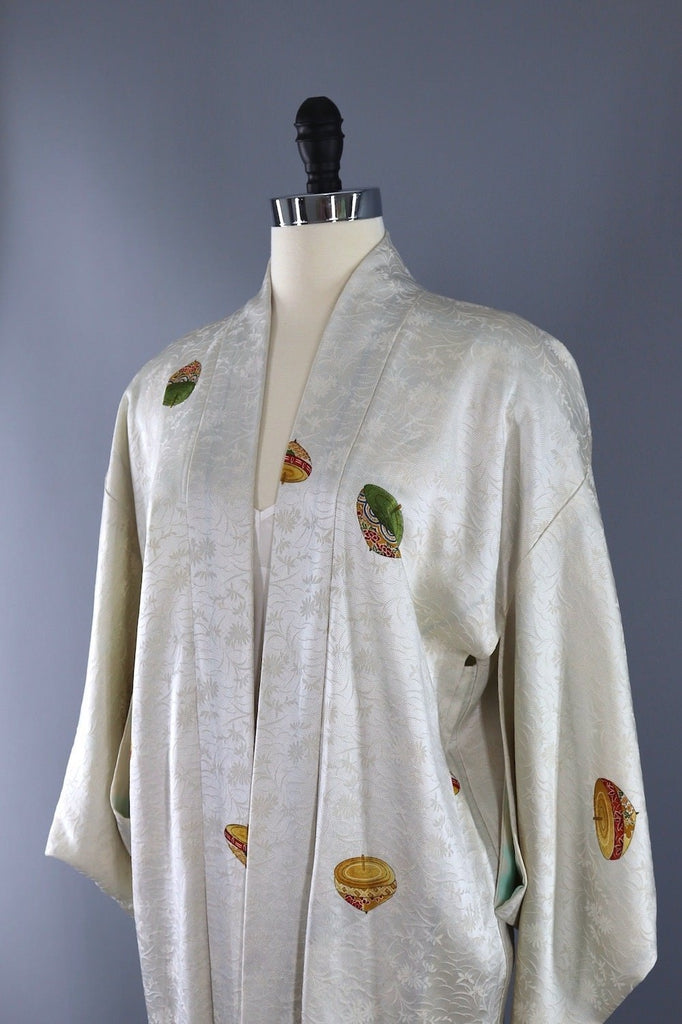 Vintage Silk Kimono Cardigan / White Novelty Print Spinning Tops-ThisBlueBird - Modern Vintage