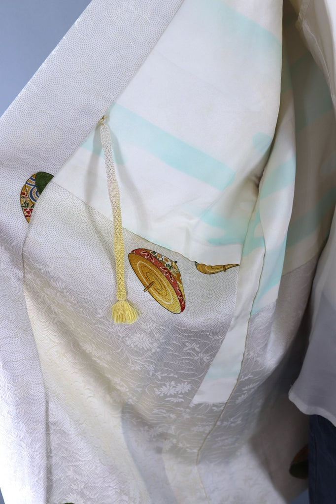 Vintage Silk Kimono Cardigan / White Novelty Print Spinning Tops-ThisBlueBird - Modern Vintage
