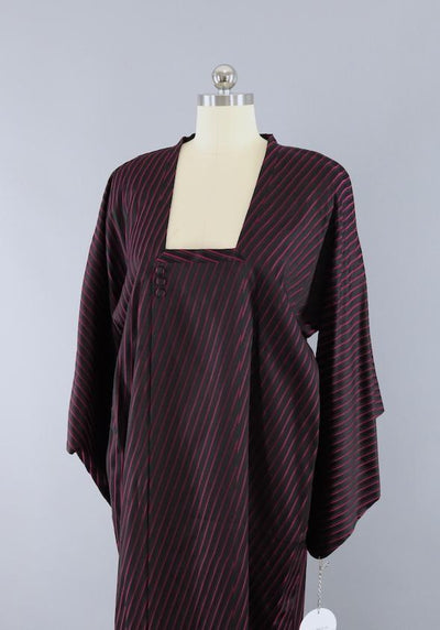 Vintage Silk Kimono Coat / Black & Magenta Stripes - ThisBlueBird