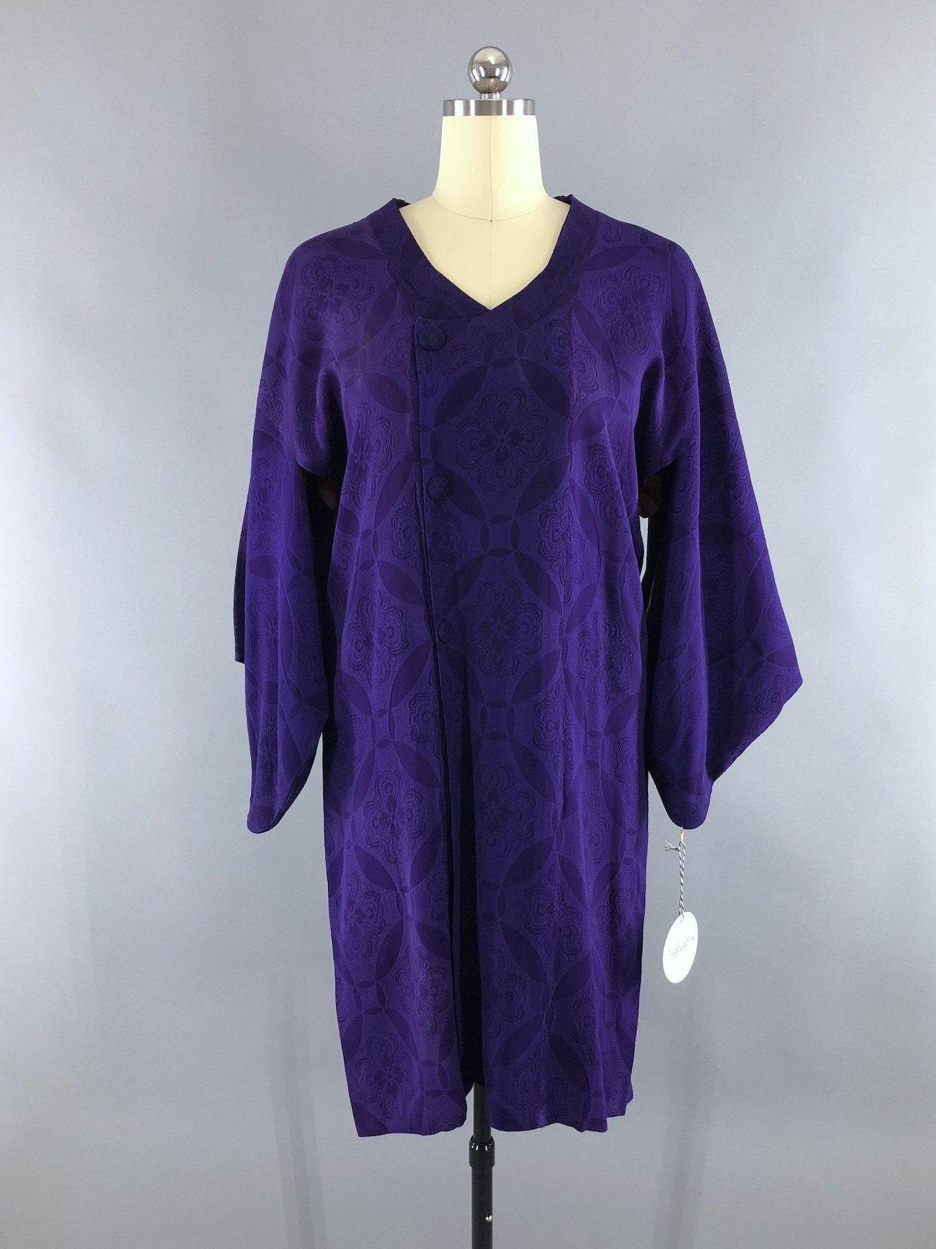 Vintage Silk Kimono Coat / Blue Purple Textured Pattern - ThisBlueBird