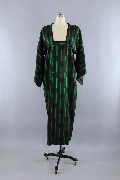 Vintage Silk Kimono Coat Jacket / Black and Green Geometric - ThisBlueBird