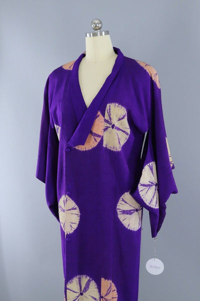 Vintage Silk Kimono Coat / Purple, Yellow and Peach Shibori-ThisBlueBird - Modern Vintage
