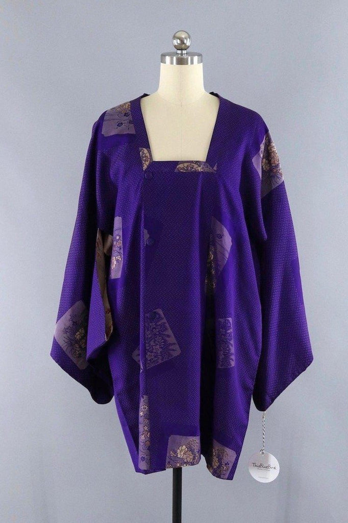 Vintage Silk Kimono Jacket / Blue Floral Wagons - ThisBlueBird