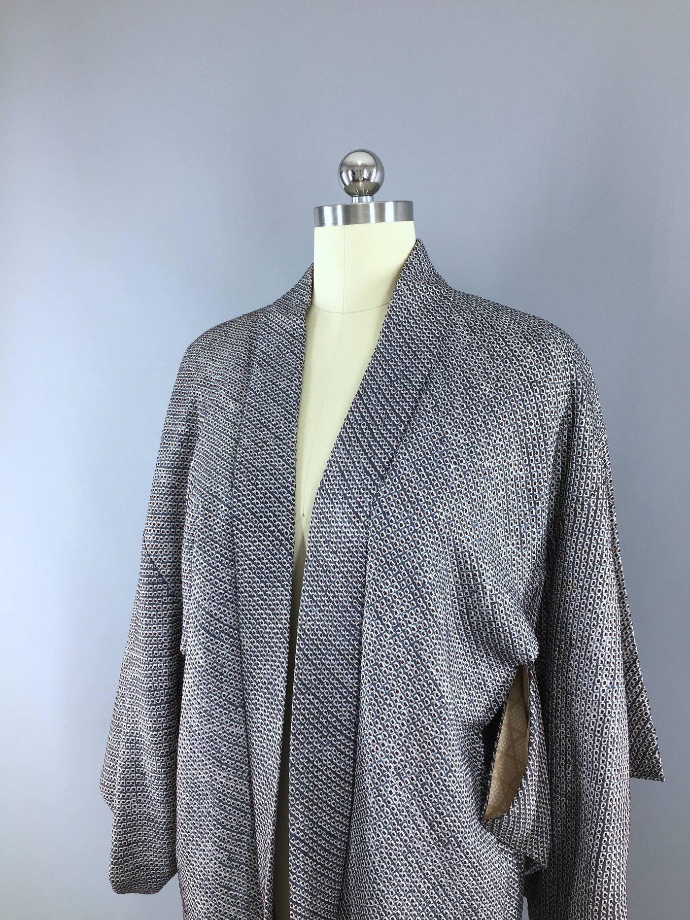 Vintage Silk Kimono Jacket Cardigan / Slate Blue Maroon White Shibori - ThisBlueBird