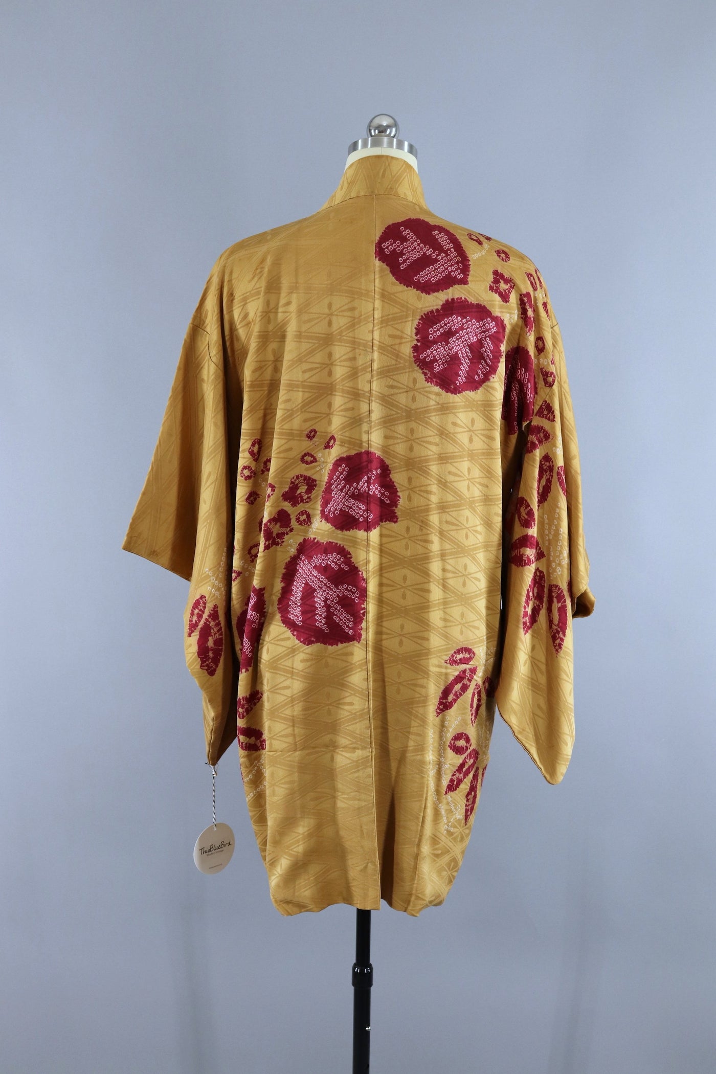 Vintage Silk Kimono Jacket / Gold and Maroon Shibori Floral - ThisBlueBird