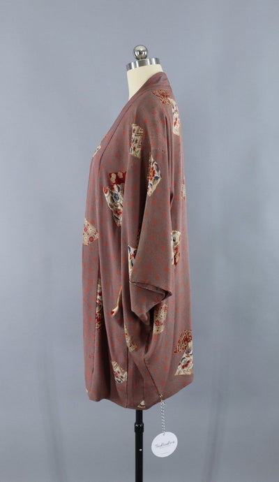 Vintage Silk Kimono Jacket / Grey & Orange Floral Print - ThisBlueBird