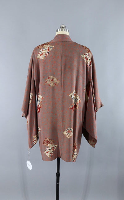 Vintage Silk Kimono Jacket / Grey & Orange Floral Print - ThisBlueBird