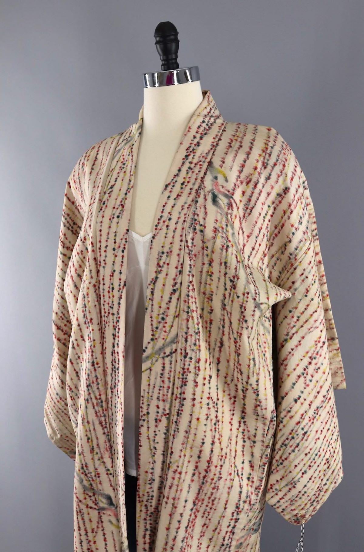 Vintage Silk Kimono Jacket / Ivory and Red Meisen Ikat - ThisBlueBird
