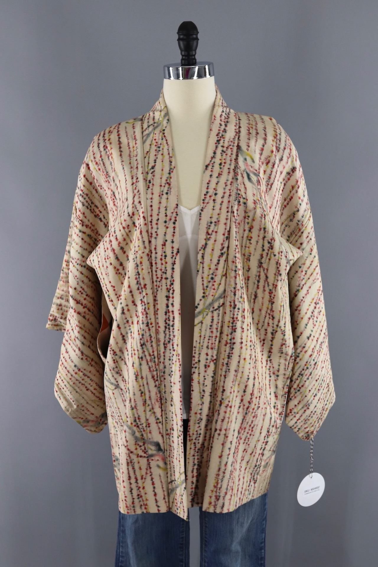 Vintage Silk Kimono Jacket / Ivory and Red Meisen Ikat - ThisBlueBird