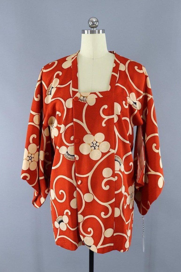 Vintage Silk Kimono Jacket Michiyuki / Orange Floral - ThisBlueBird