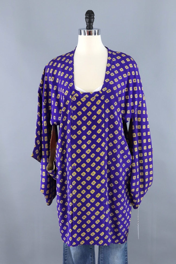 Vintage Silk Kimono Jacket / Purple Blue and Mustard Yellow Shibori - ThisBlueBird