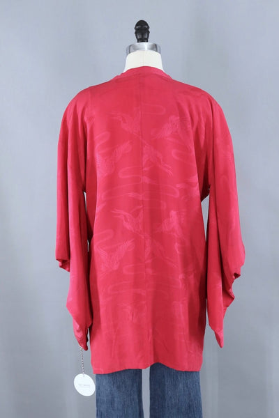 Vintage Silk Kimono Jacket / Raspberry Red Flying Cranes - ThisBlueBird