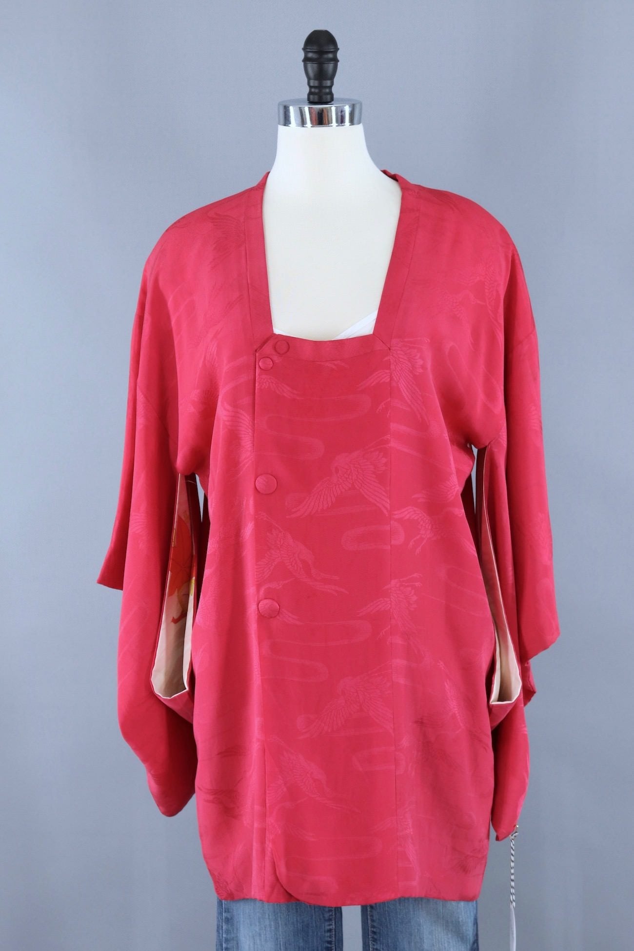 Vintage Silk Kimono Jacket / Raspberry Red Flying Cranes - ThisBlueBird