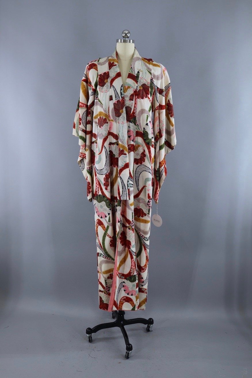 Vintage Silk Kimono Robe / 1920s White Floral - ThisBlueBird