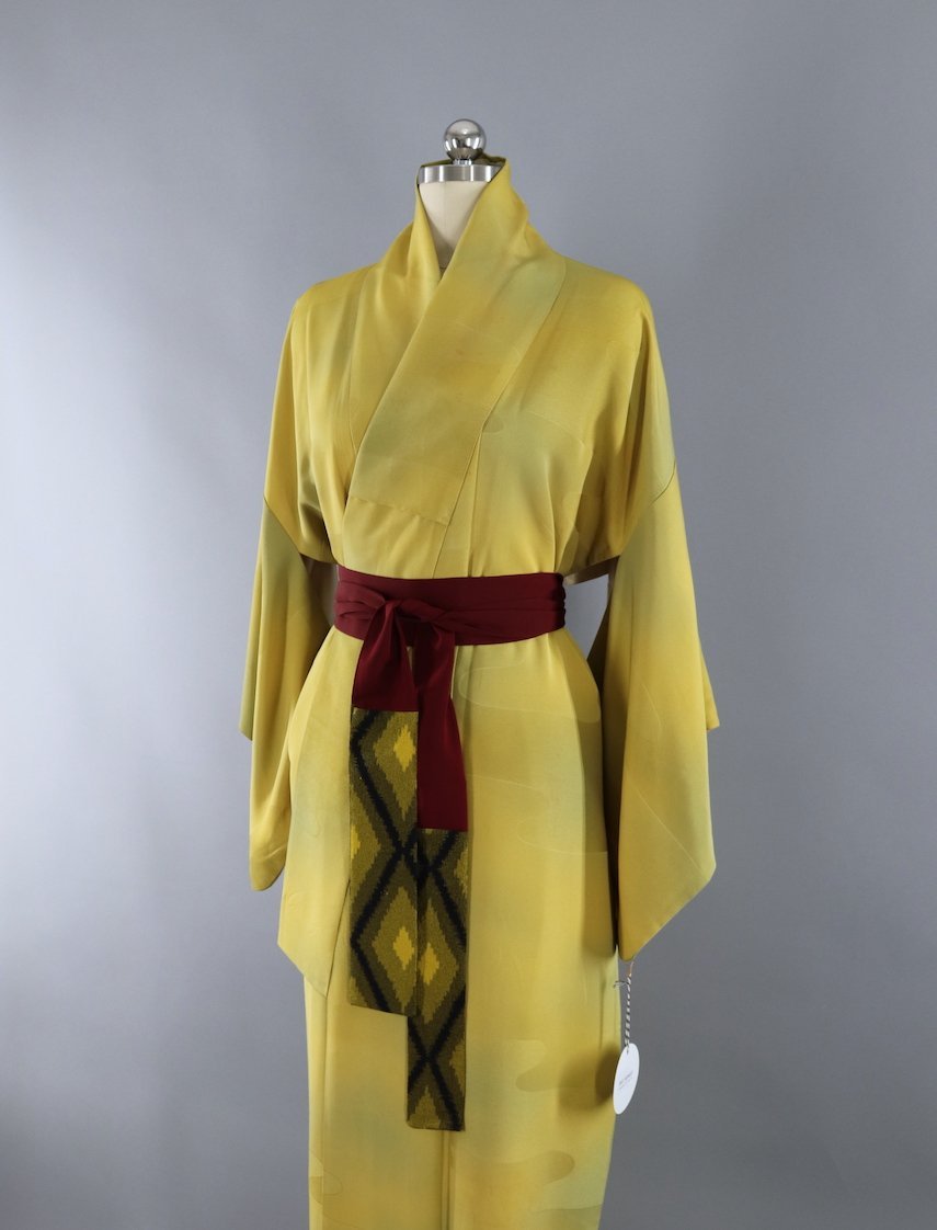 Vintage Silk Kimono Robe / Acid Yellow Olive Green Ombre - ThisBlueBird