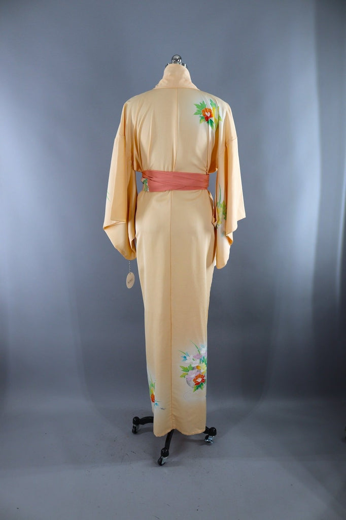 Vintage Silk Kimono Robe / Apricot Floral Print - ThisBlueBird